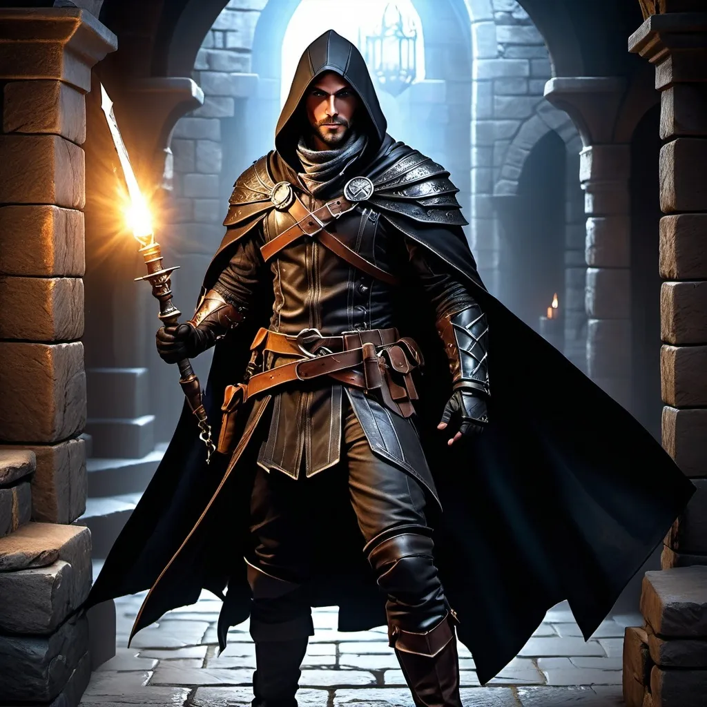 Prompt: Hyper-realistic, (full body) male rogue-thief, detailed character design, wearing a dark, rugged cloak and leather armor, dynamic pose, cunning expression, intricate accessories, such as lockpicks and daggers, mysterious dungeon background with flickering torches, shadows and stone textures, highly detailed, ultra-realistic atmosphere, evoking tension and adventure, cinematic lighting, 4K quality.