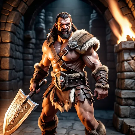 Prompt: photorealistic, (full body) male barbarian from a dungeons and dragons theme, detailed facial features and expression of strength, rugged armor with intricate details and furs, fierce gaze, wielding a massive axe, dynamic pose, dramatic shadows, rich earthy tones, atmospheric dungeon background with flickering torches and stone walls, (highly detailed), (4K) quality, immersive adventure ambiance.