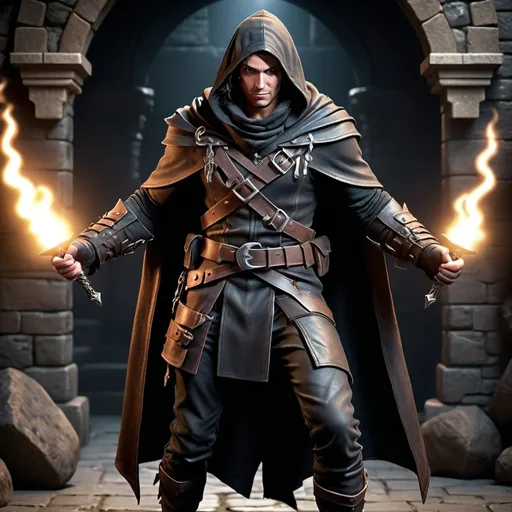 Prompt: photorealistic, (full body) male rogue-thief, detailed character design, wearing a dark, rugged cloak and leather armor, dynamic pose, cunning expression, intricate accessories, such as lockpicks and daggers, mysterious dungeon background with flickering torches, shadows and stone textures, highly detailed, ultra-realistic atmosphere, evoking tension and adventure, cinematic lighting, 4K quality.