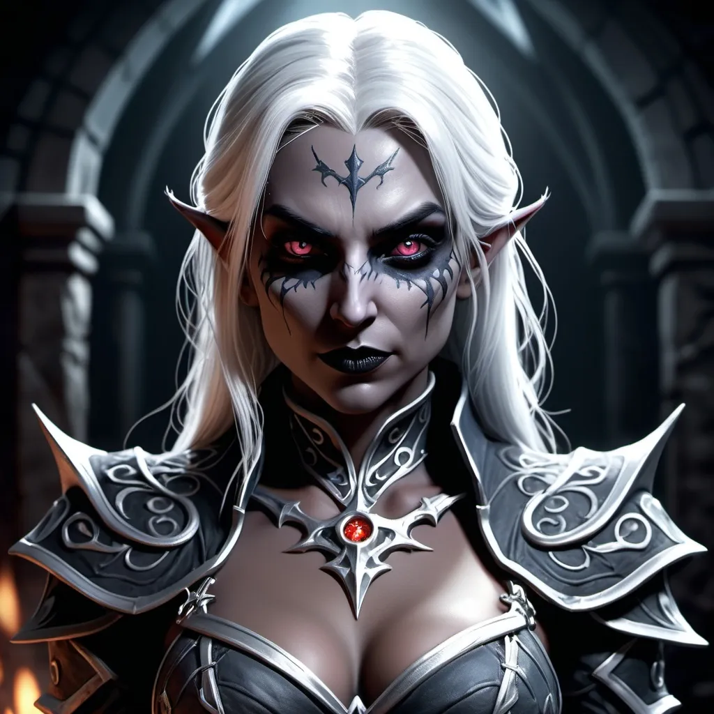 Prompt: Full body, hyper realistic, (dark fantasy dungeons and dragons character), (Drow gorgeous female), Sorcerer, darkgray skin in face and body, same skin in face and body.  (intense wicked stare), detailed tight short outfit, intricate patterns, layered textures, expression showcasing evil beauty, (shadowy background), elements of intrigue, (moody ambiance), intricately detailed accessories, (4K), ultra-detailed, art illustration, sinister allure.