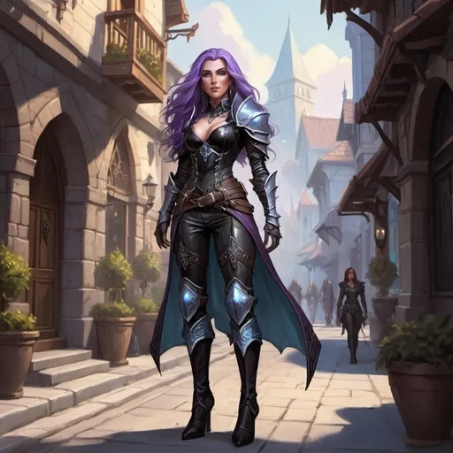 Prompt: A full body attractive character rogue female Auttum Eladrin elf stands on a street of the city of Neverwinter, she has long flowing purple hair, ice blue eyes and a regal and ethereal beauty, she wears black studded leather armour and and high heels black leather boots . fantasy character art, illustration, dnd, warm tone, 