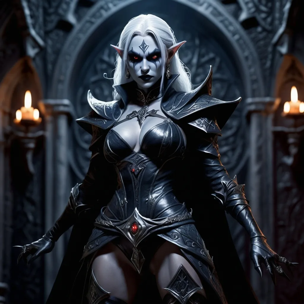 Prompt: Full body,(dark fantasy dungeons and dragons character), (Drow, female sorcerer), darkgray skin in face and body, dramatic, full attractively body posture, (intense wicked stare), detailed tight short outfit, intricate patterns, layered textures, expression showcasing evil flirting, (shadowy background), elements of intrigue, (moody ambiance), hints of dim light, intricately detailed accessories, (4K), ultra-detailed, art illustration, sinister allure. Same skin in face and body.