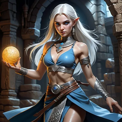 Prompt: hyper-realistic, female Kalashtar monk, (full body fighting pose), attractive lean body, pale skin, silver white long hair, blue detailed eyes, beautiful face, (confident and wicked), intricately detailed short tight clothes, background is a dungeon, fantasy setting, vibrant colors, dynamic posture, ultra-detailed facial features, dramatic lighting, rich textures, perfect for Dungeons and Dragons illustration, high-quality image, character depth.