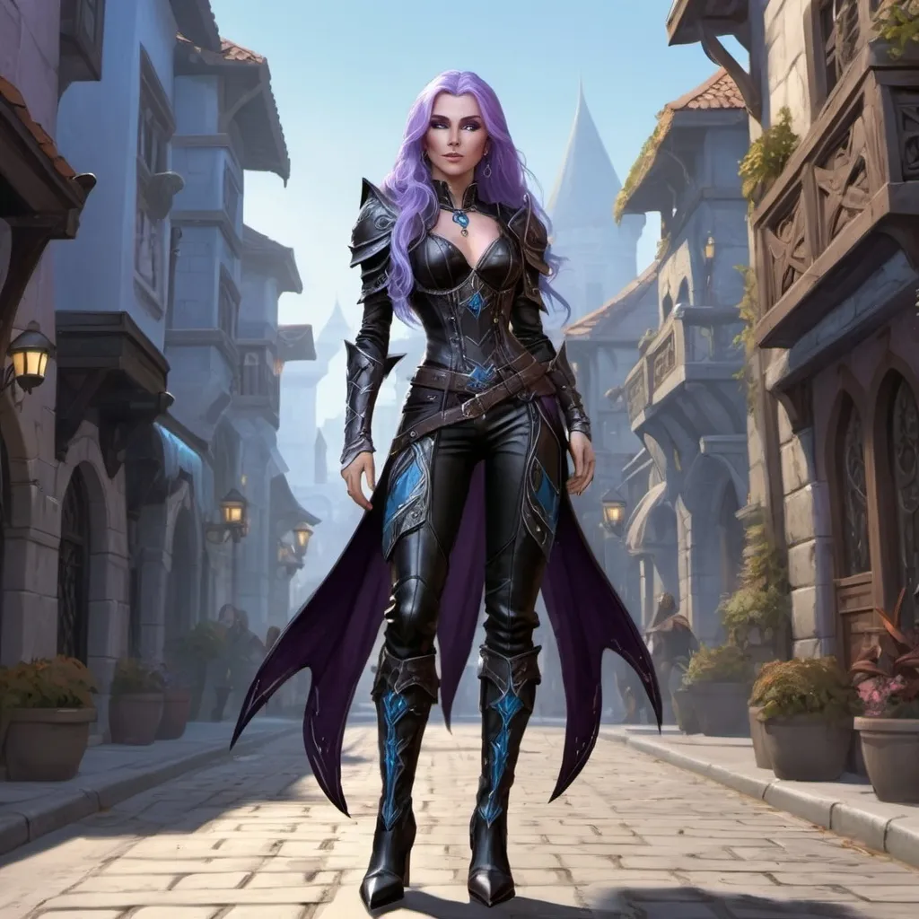 Prompt: A full body attractive  female Auttum Eladrin elf  rogue,  stands on a street of the city of Neverwinter, she has long flowing purple hair, ice blue eyes and a regal and ethereal beauty, she wears an expensive tight black studded leather armour and and high heels black leather boots