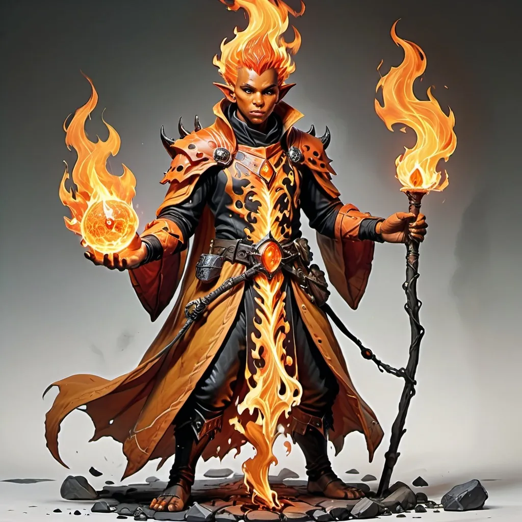 Prompt: Dungeons and Dragons character, Fire Genasi, (full body), male, warlock, (highly detailed), (4K resolution), fantasy setting.