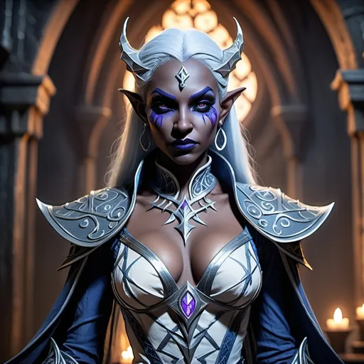 Prompt: (dark fantasy dungeons and dragons character), (Drow sensual female sorcerer), dark gray skin, dramatic full attractively body posture, (intense wicked stare), detailed tight outfit, intricate patterns, layered textures, expression showcasing cunning, (shadowy background), elements of intrigue, (moody ambiance), hints of dim light, ethereal glow, intricately detailed accessories, (4K), ultra-detailed, cinematic lighting,  sinister allure, enchanting atmosphere that captivates.