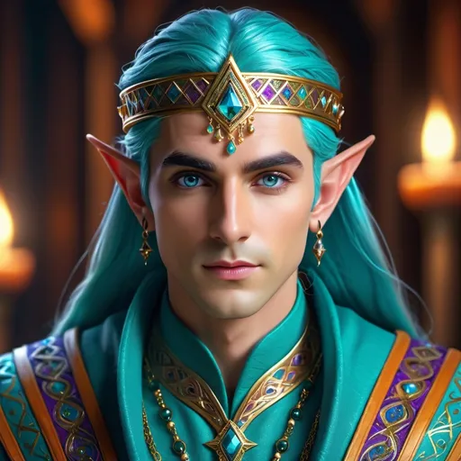 Prompt: hyper-realistic male elf wizard, (vibrant colors), detailed expressive eyes, (ultra-detailed facial features), beautiful symmetrical face, rich textures in skin and clothing, magical attire adorned with intricate patterns, captivating gaze, enchanting atmosphere, dramatic lighting enhancing character depth, (high-quality image), 4K resolution, mystical background with ethereal elements, sense of wisdom and power.