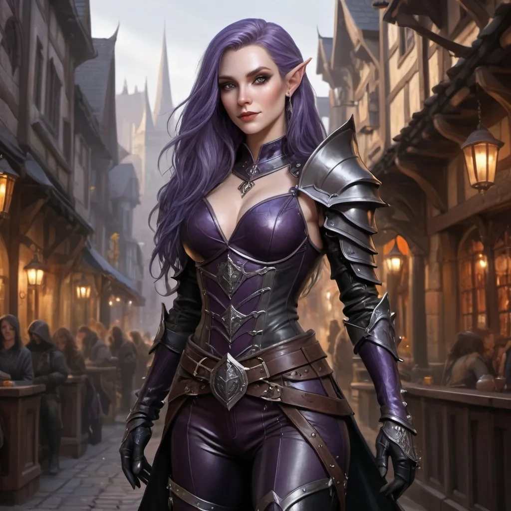 Prompt: hyper-realistic, Full body, (attractive) and (mysterious) Female Elandrin Elf of Autumn, rogue, pale skin, purple long hair, wicked smile, wearing a black expensive tight studded leather armor with high heels black leather boots, and a shadowy demeanor. The background is a street of the city of Waterdeep, adding to the enchanted atmosphere. Medium: high quality, ultra-detailed, cinematic, fantasy character art, illustration, dnd, warm tone