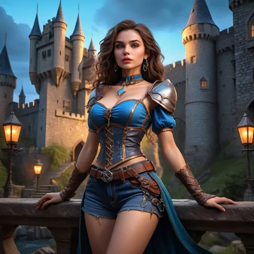 Prompt: Hyper realistic, human, full body DnD character, (alluring pose), (human female), (beautiful attractive sorcerer), tight short clothes, enchanting magical aura, intricate jewelry, dramatic lighting, vibrant colors, high fantasy theme, strong expressions, detailed textures, (ultra-detailed), immersive background of a castle, dusk ambiance, high quality 