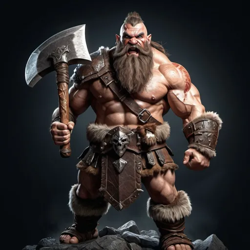 Prompt: (hyper-realistic male barbarian dwarf), full body, intense fighting pose, gripping a massive great axe with both hands, rugged textures, fierce determination in expression, dramatic shadows, vibrant lighting, richly detailed armor and weapons, dynamic composition, battle-ready atmosphere, high-definition, cinematic quality.