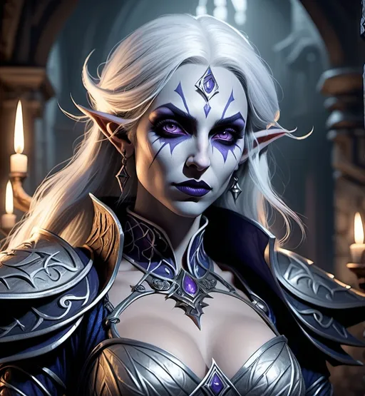 Prompt: (dark fantasy dungeons and dragons character), (Drow female sorcerer), pale gray skin, dramatic full attractively body posture, (intense wicked stare), detailed tight outfit, intricate patterns, layered textures, expression showcasing cunning, (shadowy background), elements of intrigue, (moody ambiance), hints of dim light, ethereal glow, intricately detailed accessories, (4K), ultra-detailed, cinematic lighting,  sinister allure, enchanting atmosphere that captivates.