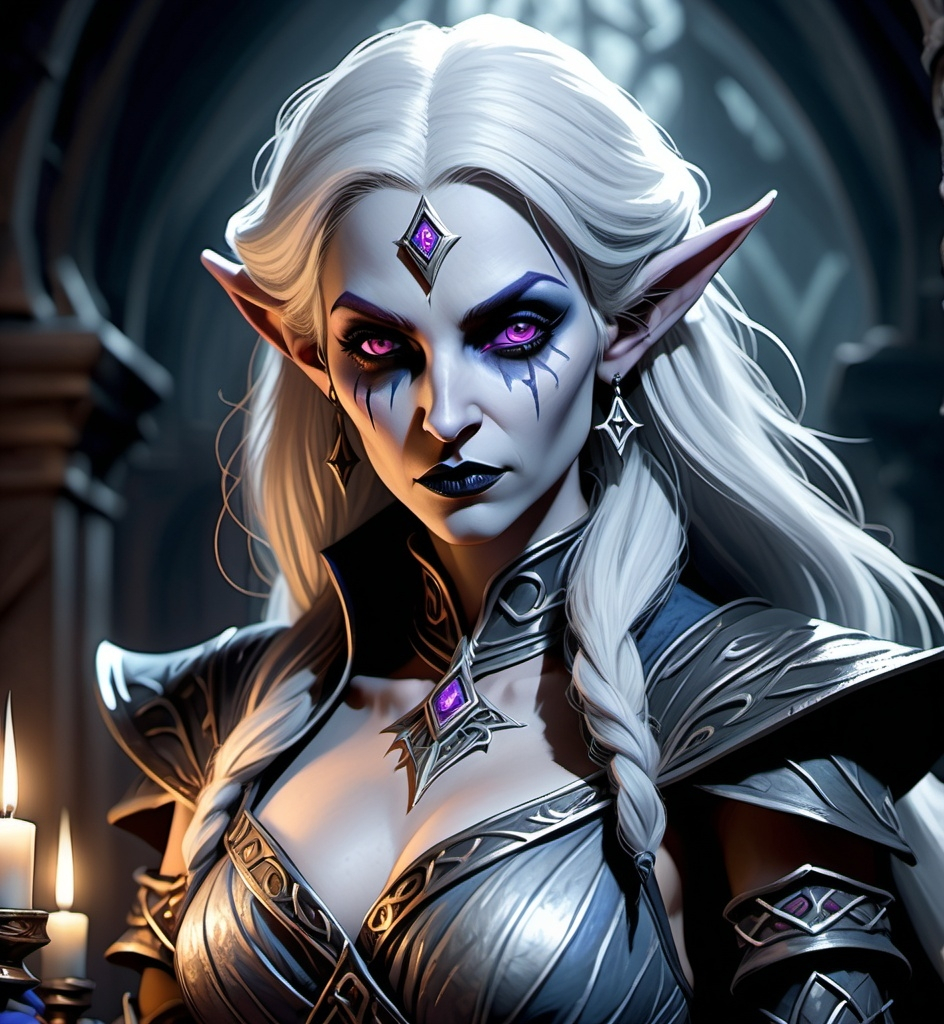 Prompt: (dark fantasy dungeons and dragons character), (Drow female sorcerer), pale gray skin, dramatic full attractively body posture, (intense wicked stare), detailed tight outfit, intricate patterns, layered textures, expression showcasing cunning, (shadowy background), elements of intrigue, (moody ambiance), hints of dim light, ethereal glow, intricately detailed accessories, (4K), ultra-detailed, cinematic lighting,  sinister allure, enchanting atmosphere that captivates.