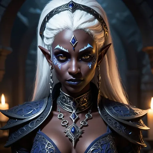 Prompt: (dark fantasy dungeons and dragons character), (Drow female sorcerer), dramatic full attractively body posture, (intense wicked stare), detailed tight outfit, intricate patterns, layered textures, expression showcasing cunning, (shadowy background), elements of intrigue, (moody ambiance), hints of dim light, ethereal glow, intricately detailed accessories, (4K), ultra-detailed, cinematic lighting,  sinister allure, enchanting atmosphere that captivates.