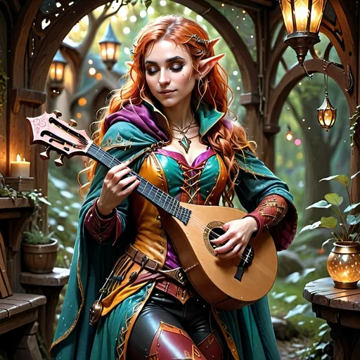 Prompt: (half elf), full body, attractive and alluring female bard, wearing a vibrant cloak, intricately designed musical instrument slung across her back, captivating expression, defined facial features, flowing hair, wearing short tight leather clothes, detailed accessories, set in a magical fantasy environment, soft glowing lights around, enchanting and inviting atmosphere, highly detailed, ultra-detailed 4K quality.