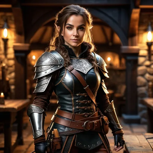 Prompt: Photorealistic, full body, (female halfling rogue), intricate detail on facial features, dynamic pose, wearing a detailed leather armor, carrying various tools and weapons, dramatic shadows, dimensional depth, soft lighting to enhance textures, finely crafted background resembling a medieval tavern, captivating atmosphere, (4K ultra-detailed)