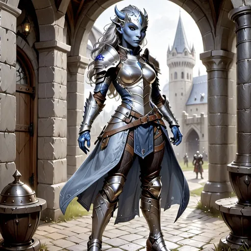 Prompt: A full body beautiful Silver Dragonborn female paladin in her early twenty’s, with an attractive athletic yet lean build, stands proudly. Her skin is silver with dragon scales Her eyes, an striking shade of piercing blue, sparkle with determination , while his long silver hair is styled with a few loose strands framing her forehead. . She wears a stylish plate armor, cinched at the waist by a wide, studded leather belt, and matching loose-fitting pants, tucked into knee-high, plate heel boots.  The background a yard in a stronghold. Full body, dnd, 