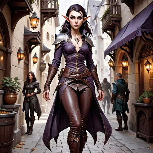 Prompt: Full body Eladrin elf of the auttum seasson female attractive character rogue, dark haired and pale skin wearing  tight expensive  clothes and leather high heels boots in a street of the city of Neverwinter fantasy character art, illustration, dnd, warm tone, 