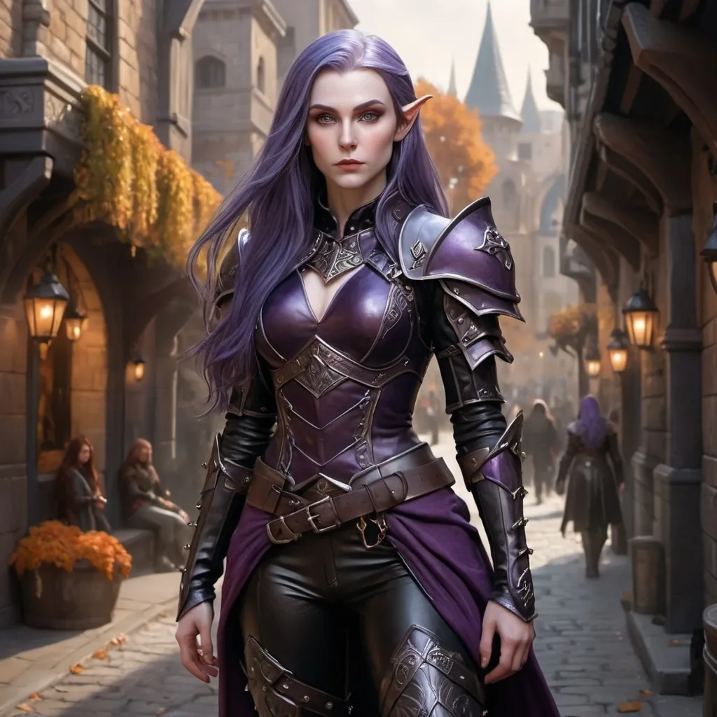 Prompt: hyper-realistic Full body, (attractive) and (mysterious) Female Elandrin Elf of Autumn, rogue, pale skin, purple long hair wearing a black expensive tight studded leather armor and a shadowy demeanor. The background is a street of the city of Waterdeep, adding to the enchanted atmosphere. Medium: high quality, ultra-detailed, cinematic, fantasy character art, illustration, dnd, warm tone