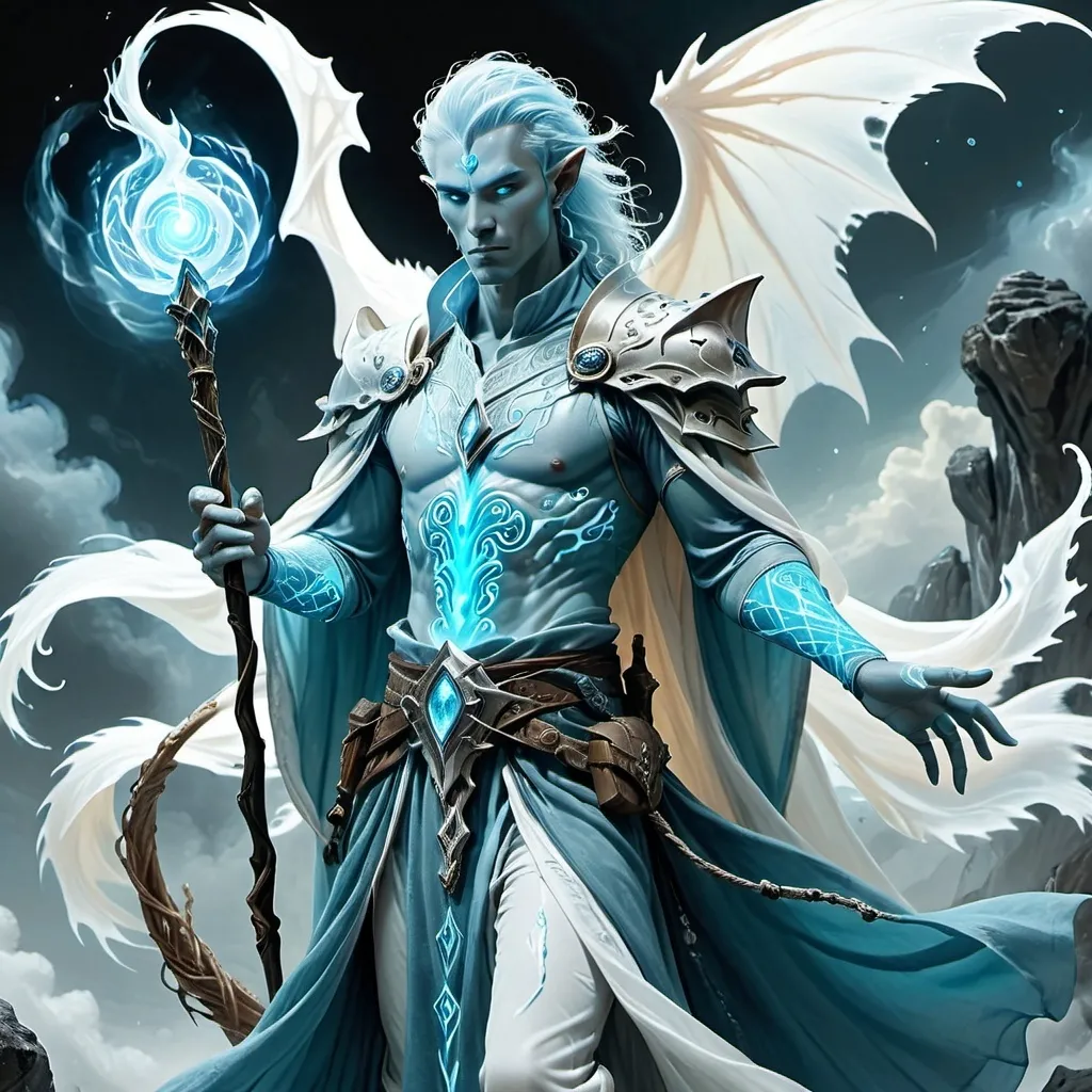 Prompt: Dungeons and Dragons character, Air Genasi, (full body), male, warlock, ethereal clothing flowing gracefully, shimmering fabrics reflecting shades of sky blue and white, mystical aura radiating softly, (dramatic lighting), intricate tattoos glowing on skin, enchanted staff in hand, symbolizing power, detailed expression of intensity and focus, floating on wispy clouds, (highly detailed), (4K resolution), fantasy setting.