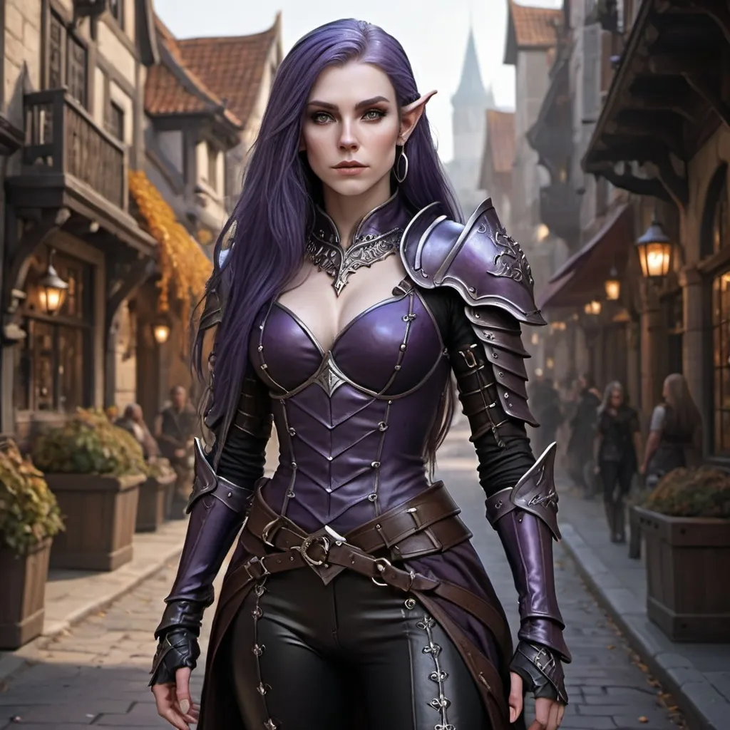 Prompt: hyper-realistic Full body, (attractive) and (mysterious) Female Elandrin Elf of Autumn, rogue, pale skin, purple long hair wearing a black expensive tight studded leather armor and a shadowy demeanor. The background is a street of the city of Waterdeep, adding to the enchanted atmosphere. Medium: high quality, ultra-detailed, cinematic, fantasy character art, illustration, dnd, warm tone