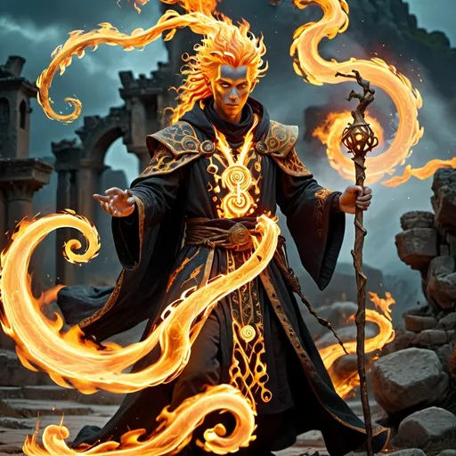 Prompt: Dungeons and Dragons character, Fire Genasi, (full body), male, warlock, (highly detailed), (4K resolution), fantasy setting.