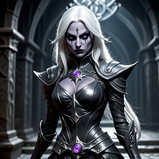 Prompt: Full body, hyper realistic, (dark fantasy dungeons and dragons character), (Drow gorgeous female), Sorcerer, darkgray same skin in face and body. (intense wicked stare), detailed tight short outfit, intricate patterns, layered textures, expression showcasing evil beauty, (shadowy background), elements of intrigue, intricately detailed accessories, (4K), ultra-detailed, sinister allure.