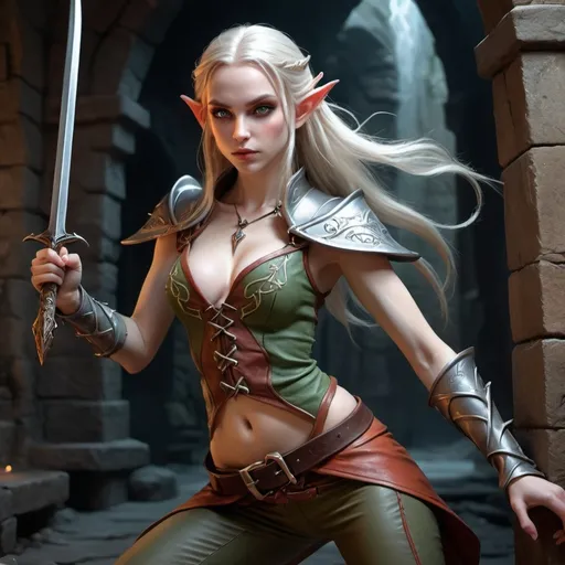 Prompt: hyper-realistic, female elf, bard, (full body fighting pose), attractive lean body, pale skin, long hair,  detailed eyes, beautiful face, (gorgeous and wicked), wearing no cloth on top and tight pants, background is a dungeon, fantasy setting, vibrant colors, dynamic posture, ultra-detailed facial features, dramatic lighting, rich textures, perfect for Dungeons and Dragons illustration, high-quality image, character depth.