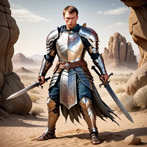 Prompt: hyper-realistic, male caucasian human fighter, (full body combat pose), (fierce and confidence), intricately detailed breastplate armor, with  two long swords one on each hand, background is a battleground in a desertic land, fantasy setting, vibrant colors, dynamic posture, ultra-detailed facial features, dramatic lighting, rich textures, perfect for Dungeons and Dragons illustration, high-quality image, character depth.