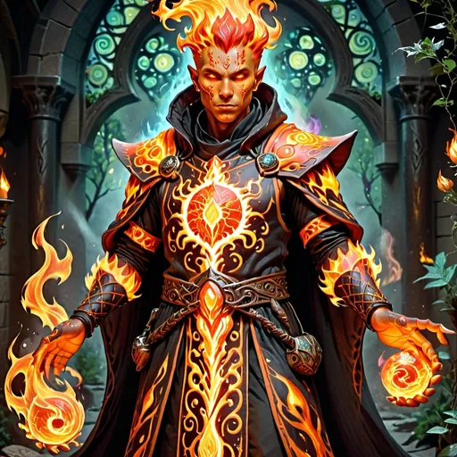 Prompt: Dungeons and Dragons character, Fire Genasi, (full body), (highly detailed), male, warlock wielding arcane flames, intricate mystical tattoos illuminating his skin, dressed in ornate robes with fiery accents, standing in a glowing fantasy setting with enchanted flora, swirling fire energy around him, (4K resolution), captivating and magical ambiance, vibrant color tones.