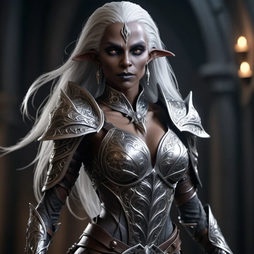 Prompt: photorealistic, full body, female dark elf character, dynamic pose, intricate leather armor adorned with mystical engravings, long silver hair flowing, piercing eyes, illuminated by soft, deep shadows casting dramatic contours, 4K, ultra-detailed,  conveying a sense of adventure and mystery.