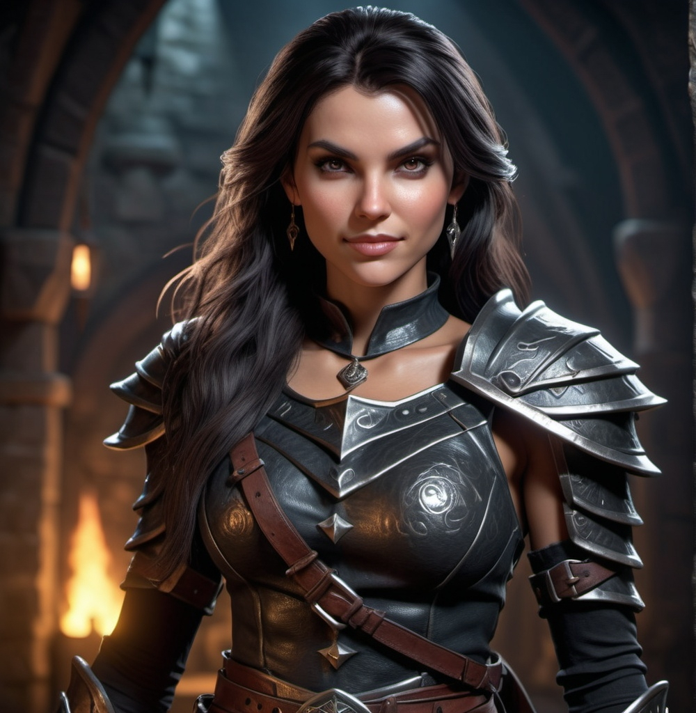 Prompt: Photorealistic, detailed face, high resolution, 4k, full body dungeons and dragons character, female human warrior, high definition, long dark hair, attractive body, evil gaze, wicked smile, wearing tight and luxurious clothes, intense details, vivid textures, dramatic lighting, captivating atmosphere, fantasy realm background, ultra-detailed.