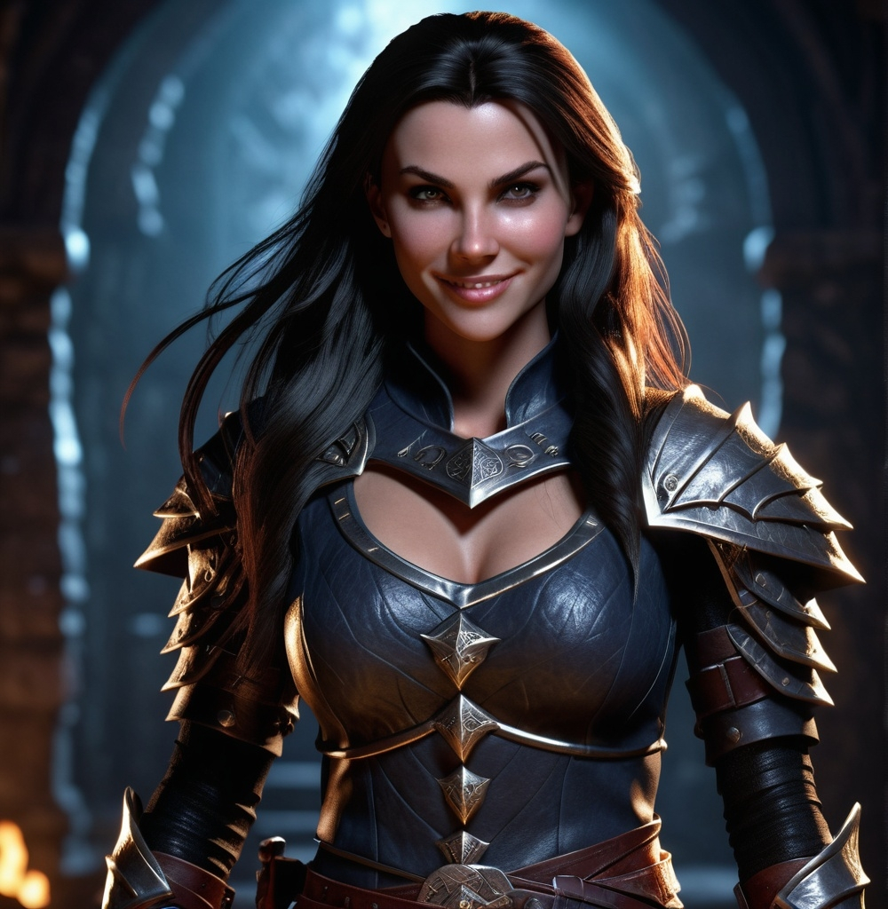 Prompt: Photorealistic, detailed face, high resolution, 4k, full body dungeons and dragons character, female human warrior, high definition, long dark hair, attractive body, evil gaze, wicked smile, wearing tight and luxurious clothes, intense details, vivid textures, dramatic lighting, captivating atmosphere, fantasy realm background, ultra-detailed.