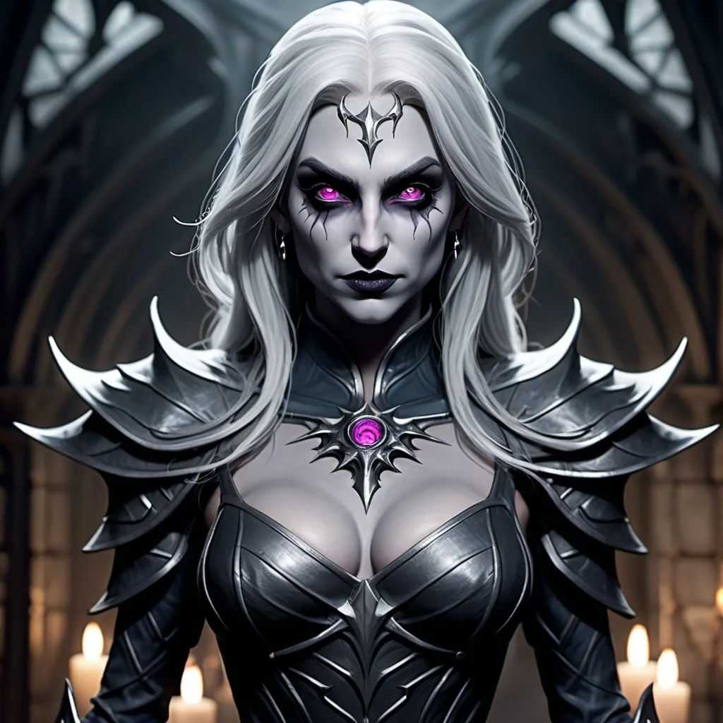 Prompt: Full body, hyper realistic, (dark fantasy dungeons and dragons character), (Drow gorgeous female), Sorcerer, darkgray same skin in face and body. (intense wicked stare), detailed tight short outfit, intricate patterns, layered textures, expression showcasing evil beauty, (shadowy background), elements of intrigue, intricately detailed accessories, (4K), ultra-detailed, sinister allure.