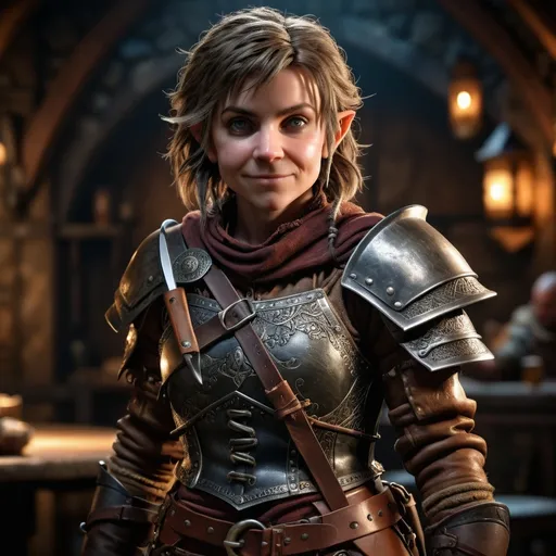 Prompt: hyper-realistic, full body, (female halfling rogue), intricate detail on facial features, dynamic pose, wearing a detailed leather armor, carrying various tools and weapons, dramatic shadows, dimensional depth, soft lighting to enhance textures, finely crafted background resembling a medieval tavern, captivating atmosphere, (4K ultra-detailed)