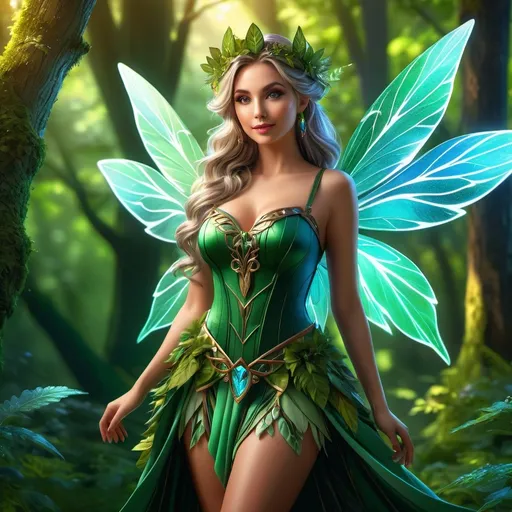 Prompt: Hyper-realisctic, Full body, character portrait, Female Fairy Druid, enchanting forest background, dramatic lighting casting playful shadows, intricate leafy attire, (beautiful, elegant pose), captivating expression with a hint of mischief, vibrant colors enhancing attractiveness, ultra-detailed eyes, ultra-detailed, whimsical atmosphere, 4K quality, fantasy art style.