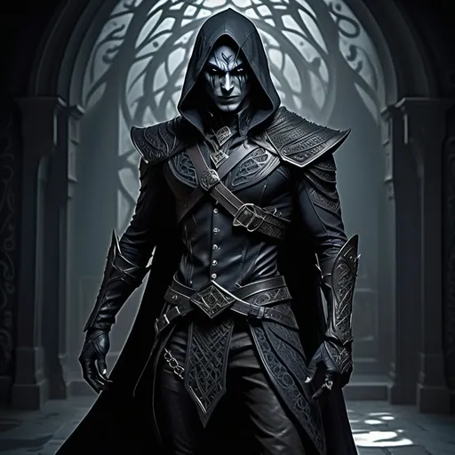 Prompt: (dark fantasy character), Drow male rogue, dramatic full body posture, (intense wicked stare), detailed outfit with dark, intricate patterns, layered textures, expression showcasing cunning, (shadowy background), elements of intrigue, (moody ambiance), hints of dim light, (ultra-detailed), high quality, cinematic surrealism.