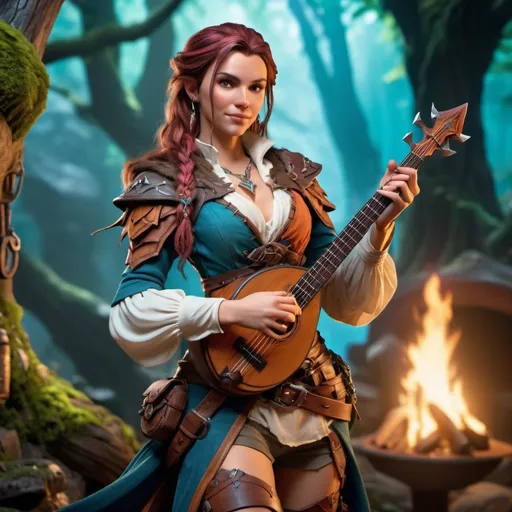 Prompt: (full body Dungeons and Dragons character), human Bard, (hyper-realistic) depiction, (gorgeous) female character, attractive outfit with vibrant colors and intricate details, dynamic pose showcasing confidence, atmospheric fantasy background with hints of a tavern or magical forest, evocative expressions, (4K) ultra-detailed, captivating lighting enhancing beauty and allure, enchanting ambiance of adventure.