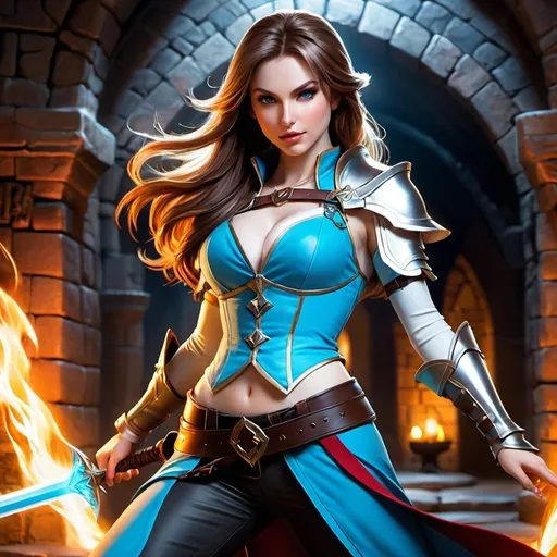 Prompt: hyper-realistic, female human, cleric, (full body fighting pose), attractive lean body, pale skin, long hair,  detailed eyes, beautiful face, (confident and wicked), wearing no cloth on top and tight pants, background is a dungeon, fantasy setting, vibrant colors, dynamic posture, ultra-detailed facial features, dramatic lighting, rich textures, perfect for Dungeons and Dragons illustration, high-quality image, character depth.