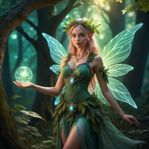 Prompt: (Full body character portrait), Female Fairy Druid, enchanting forest background, dramatic lighting casting playful shadows, ethereal and magical aura, intricate leafy attire, glowing magical orbs around her, (beautiful, elegant pose), captivating expression with a hint of mischief, vibrant colors enhancing attractiveness, ultra-detailed eyes, ultra-detailed, whimsical atmosphere, 4K quality, fantasy art style.