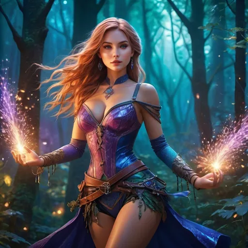 Prompt: full body DnD character, (alluring pose), (human female), (beautiful attractive sorcerer), tight short clothes, enchanting magical aura, intricate jewelry, dramatic lighting, vibrant colors, high fantasy theme, strong expressions, detailed textures, (ultra-detailed), immersive background of a forest, dusk ambiance, magical sparkles in the air.