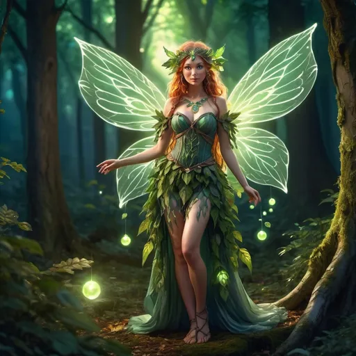 Prompt: (Full body character portrait), Female Fairy Druid, enchanting forest background, dramatic lighting casting playful shadows, ethereal and magical aura, intricate leafy attire, glowing magical orbs around her, (beautiful, elegant pose), captivating expression with a hint of mischief, vibrant colors enhancing attractiveness, ultra-detailed eyes, ultra-detailed, whimsical atmosphere, 4K quality, fantasy art style.