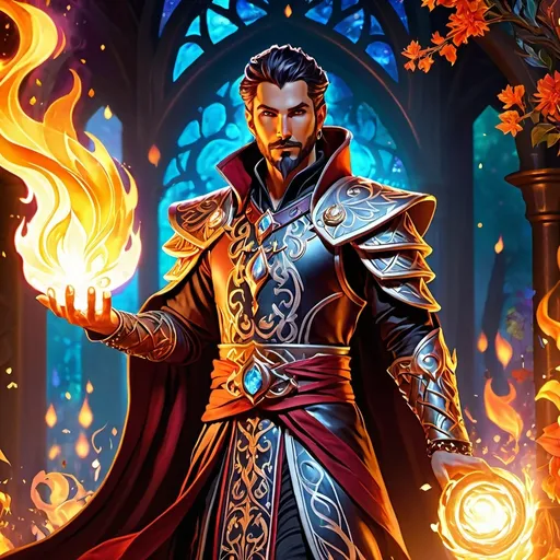 Prompt: Dungeons and Dragons character, Fire Genasi, (full body), (highly detailed), male warlock wielding arcane flames, intricate mystical tattoos illuminating his skin, dressed in ornate robes with fiery accents, standing in a glowing fantasy setting with enchanted flora, swirling fire energy around him, (4K resolution), captivating and magical ambiance, vibrant color tones.