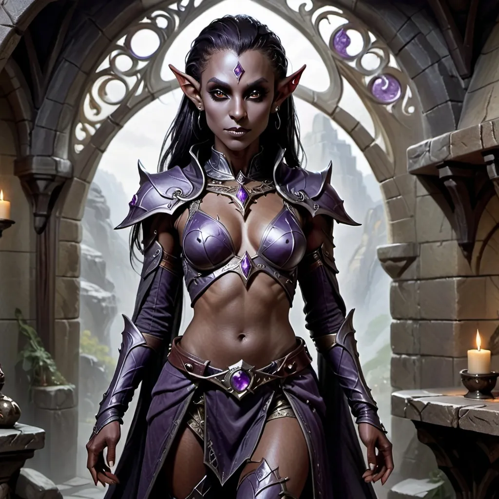 Prompt: Photorealistic, full body, depiction of a dark elf female character, Dungeons & Dragons, inspired, showcasing exquisite details in her attire and features, with intricate jewelry and a graceful pose, set against a richly detailed fantasy background, conveying a sense of mystery and allure, ultra-detailed.