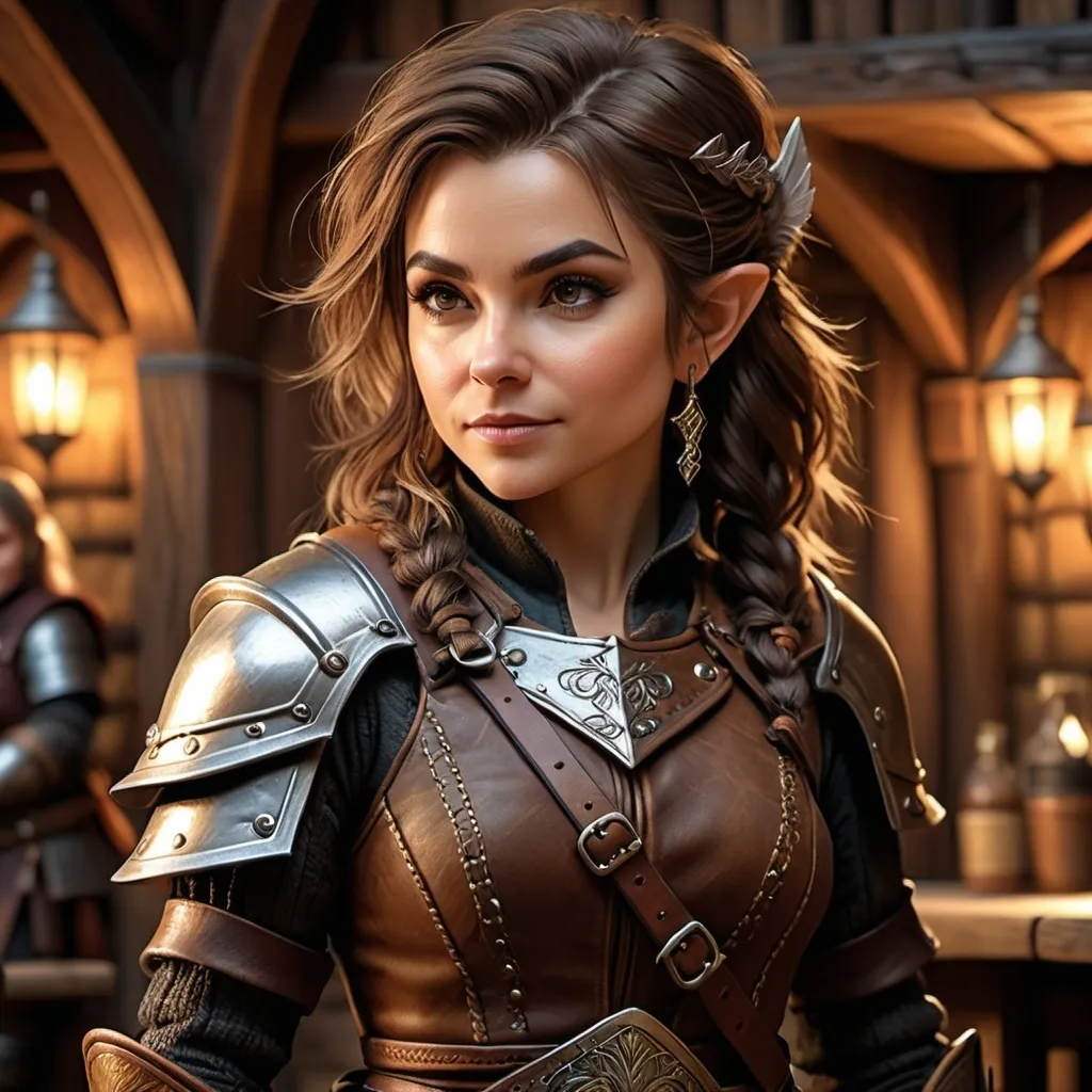 Prompt: Photorealistic, full body, (female halfling rogue), intricate detail on facial features, dynamic pose, wearing a detailed leather armor, carrying various tools and weapons, dramatic shadows, dimensional depth, soft lighting to enhance textures, finely crafted background resembling a medieval tavern, captivating atmosphere, (4K ultra-detailed)