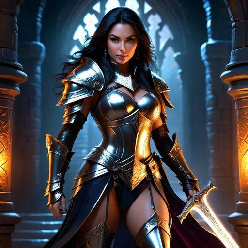 Prompt: Personaje de dungeons and dragons, mujer humana guerrera, híper realista, alta definición, cabello oscuro largo, cuerpo voluptuoso y atractivo, mirada pícara y provocativa sonrisa.