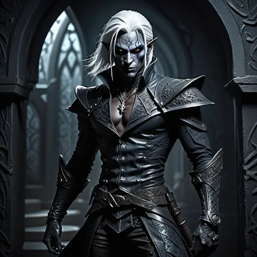 Prompt: (dark fantasy character), Drow male rogue, dramatic full body posture, (intense wicked stare), detailed outfit with dark, intricate patterns, layered textures, expression showcasing cunning, (shadowy background), elements of intrigue, (moody ambiance), hints of dim light, (ultra-detailed), high quality, cinematic surrealism.