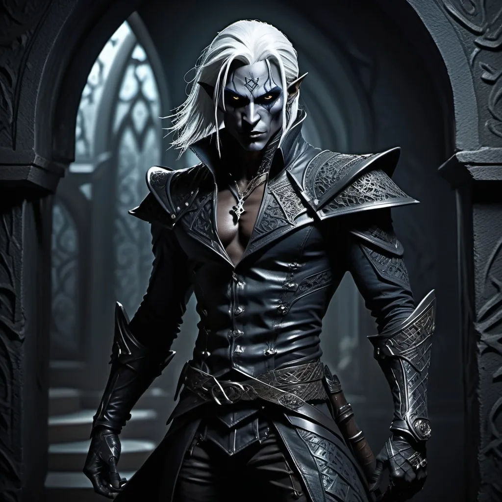 Prompt: (dark fantasy character), Drow male rogue, dramatic full body posture, (intense wicked stare), detailed outfit with dark, intricate patterns, layered textures, expression showcasing cunning, (shadowy background), elements of intrigue, (moody ambiance), hints of dim light, (ultra-detailed), high quality, cinematic surrealism.