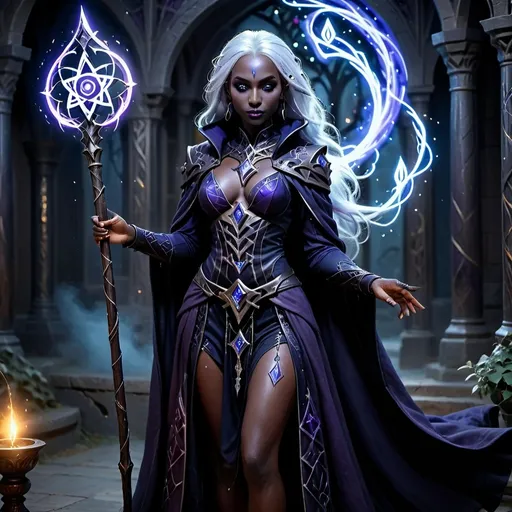 Prompt: Full body, Drow, attractive female, dungeons and dragons character, warlock