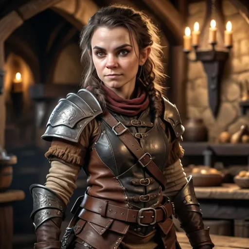 Prompt: hyper-realistic, full body portrait of a (female halfling rogue), intricate detail on facial features, dynamic pose, wearing a detailed leather armor, carrying various tools and weapons, dramatic shadows, dimensional depth, soft lighting to enhance textures, finely crafted background resembling a medieval tavern, captivating atmosphere, (4K ultra-detailed)