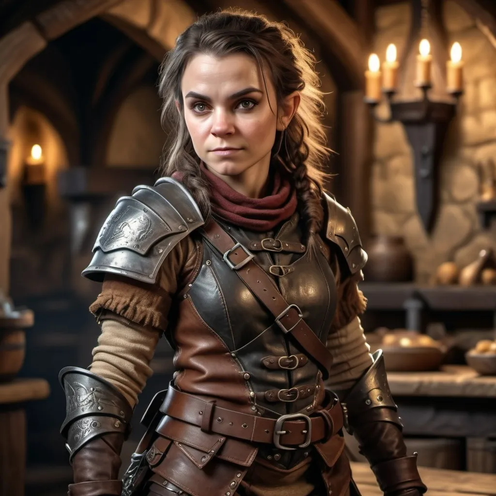 Prompt: hyper-realistic, full body portrait of a (female halfling rogue), intricate detail on facial features, dynamic pose, wearing a detailed leather armor, carrying various tools and weapons, dramatic shadows, dimensional depth, soft lighting to enhance textures, finely crafted background resembling a medieval tavern, captivating atmosphere, (4K ultra-detailed)